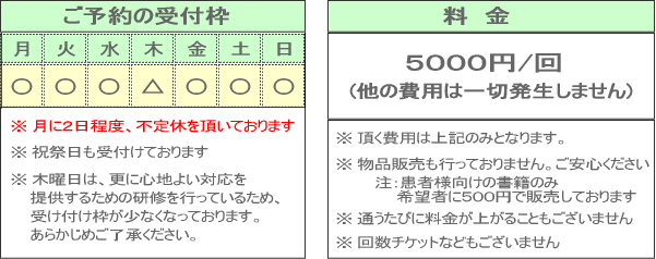 愛知西尾カイロの予約受付枠、料金